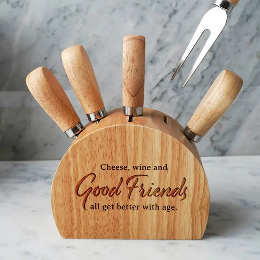 Wooden cheese knife block with knives.