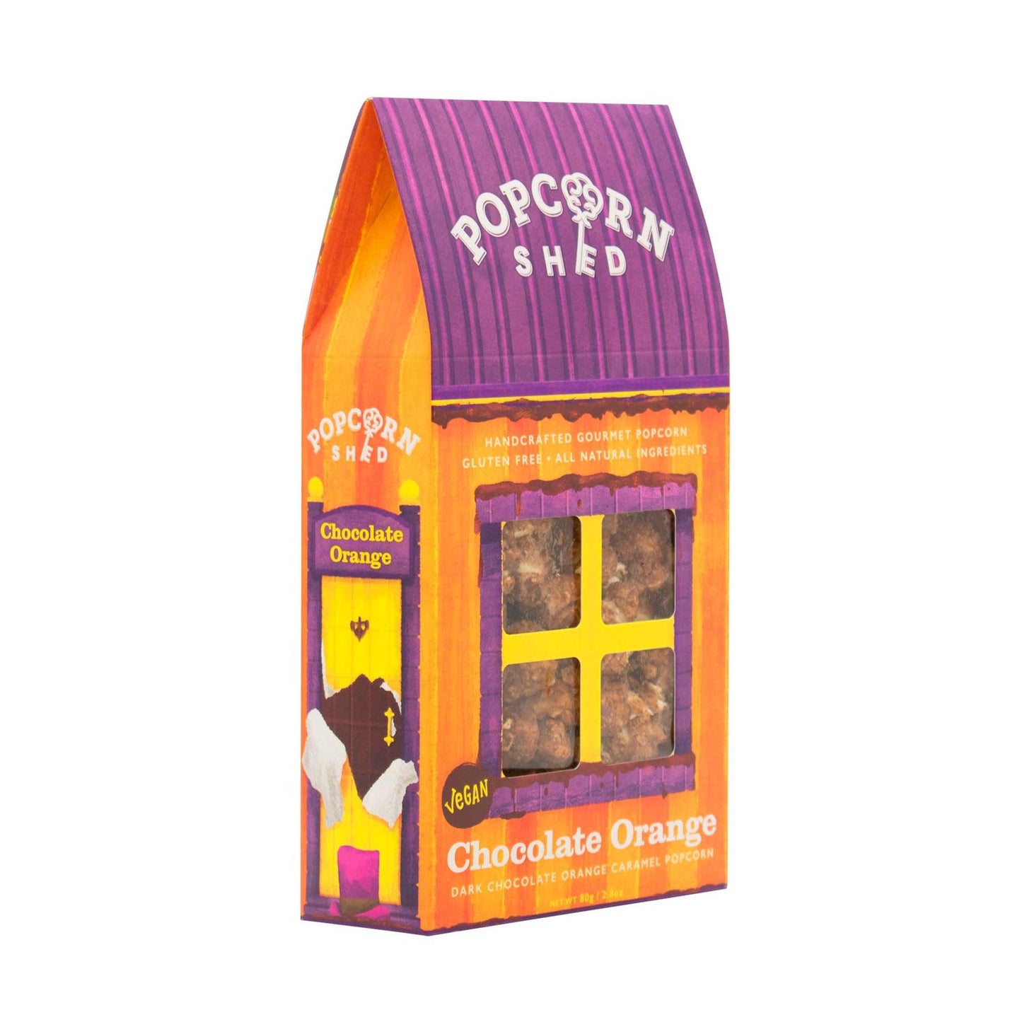 Chocolate Orange Popcorn Shed package with dark chocolate orange gourmet popcorn.