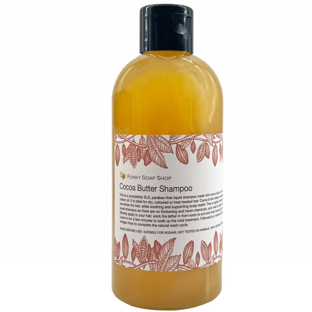 Liquid Cocoa Butter Shampoo bottle (250ml), SLS and Paraben free, ideal for dry and treated hair.