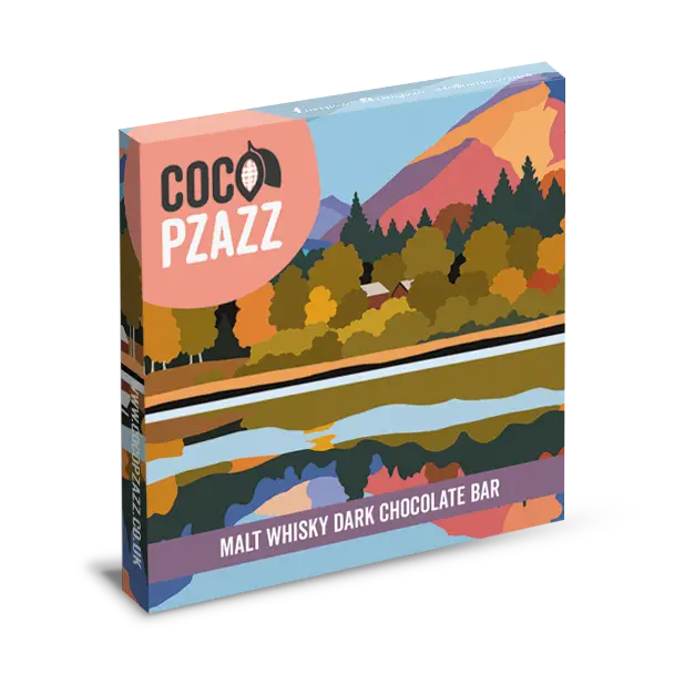 Dairy-free dark chocolate with whisky flavour and Derwentwater artwork by Sue Scott inspired by the Lake District.