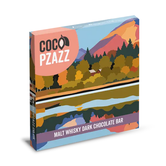 Dairy-free dark chocolate with whisky flavour and Derwentwater artwork by Sue Scott inspired by the Lake District.