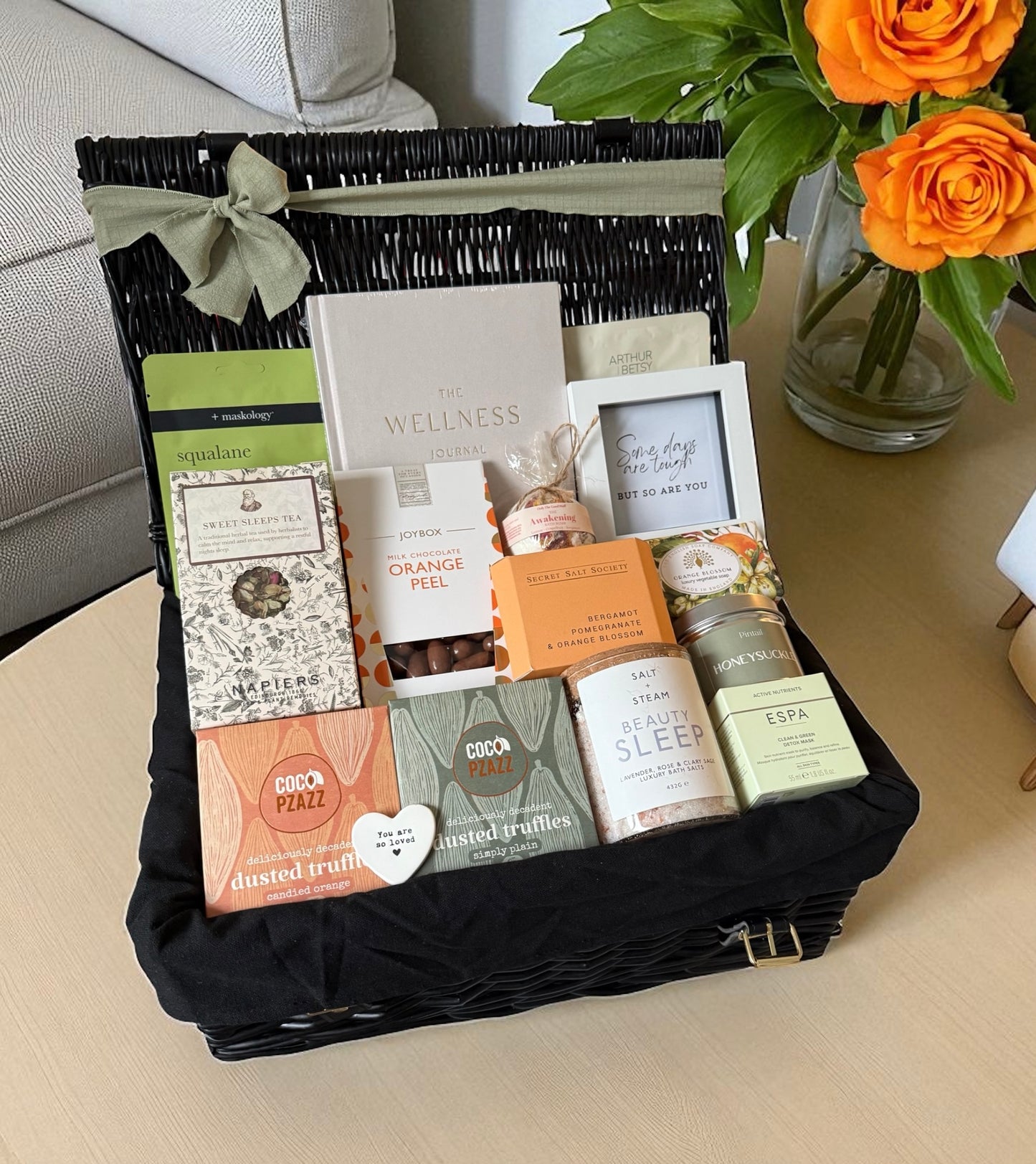 gift basket with wellness and sleep enhancing items. Bereavement and comforting gift.