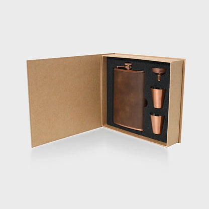 copper and faux leather hip flask and shot glasses set