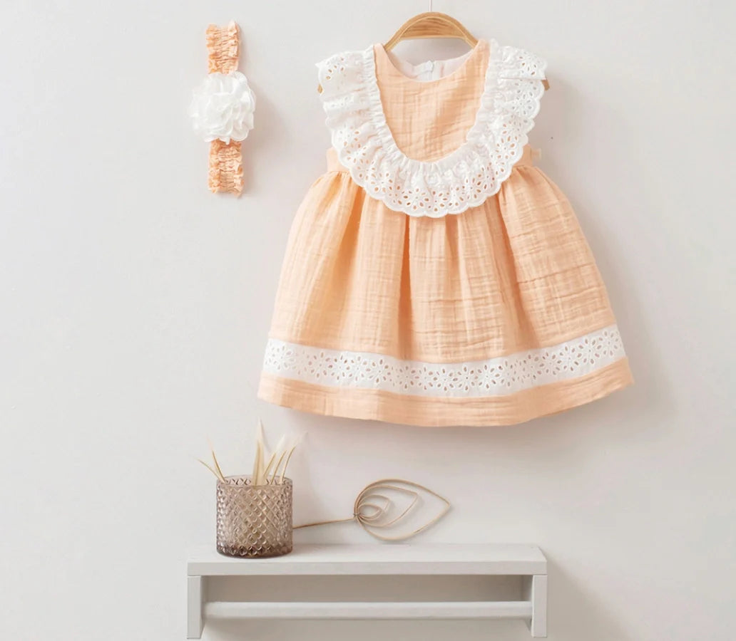 Pretty Peach Cotton Vintage Baby Dress with Matching Headband