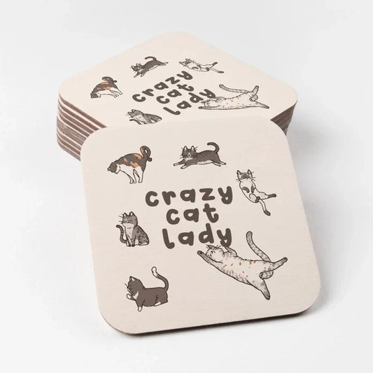 Crazy Cat Lady coasters with cat illustrations.