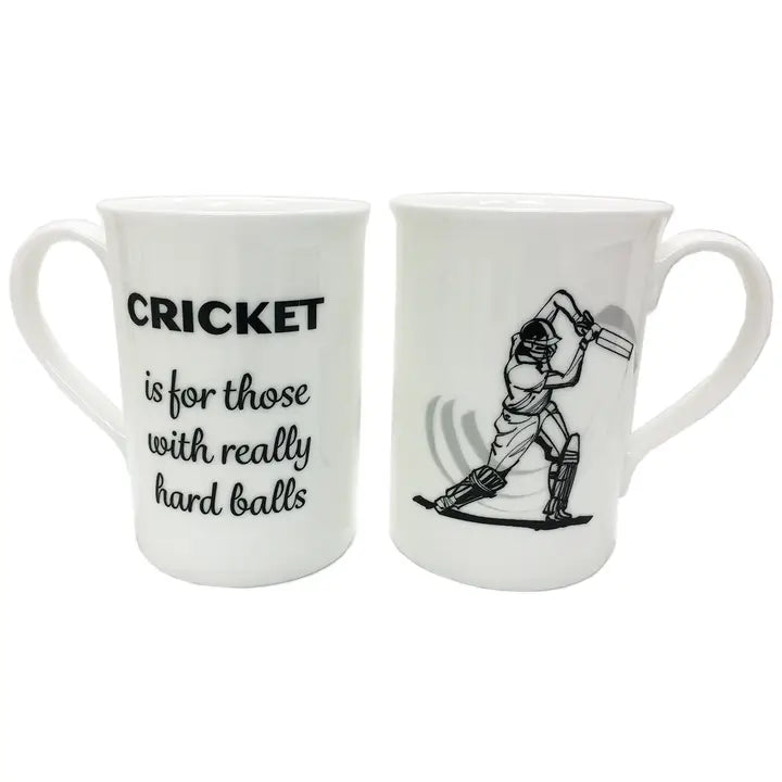 Cricket Lovers Bone China Mug with humorous text and cricketer illustration.