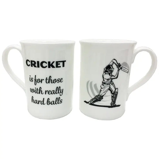 Cricket Lovers Bone China Mug with humorous text and cricketer illustration.