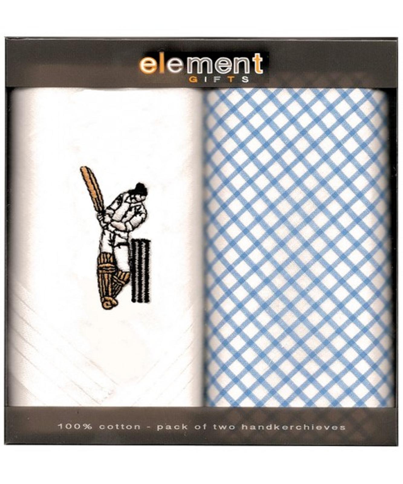 Cricket handkerchiefs with embroidered sports theme and pattern, set of two.