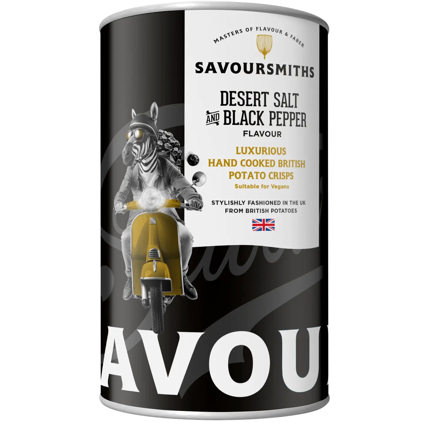 SavourSmiths gourmet hand-cooked crisps with British potatoes in cheddar and shallot, salt and vinegar, and salt and black pepper flavours.