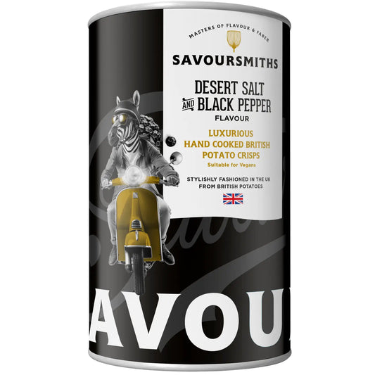 SavourSmiths gourmet hand-cooked crisps with British potatoes in cheddar and shallot, salt and vinegar, and salt and black pepper flavours.