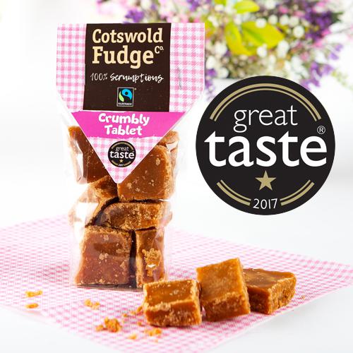 Handmade award-winning crumbly fudge in packaging with Great Taste award logo.
