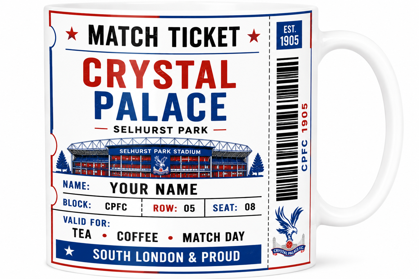 Mug with Crystal Palace football club design, including stadium illustration and text.
