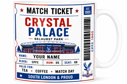 Mug with Crystal Palace football club design, including stadium illustration and text.