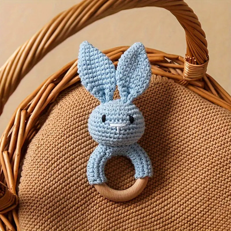 Crochet Rabbit Baby Rattle in Blue with Wooden Handle for Newborns