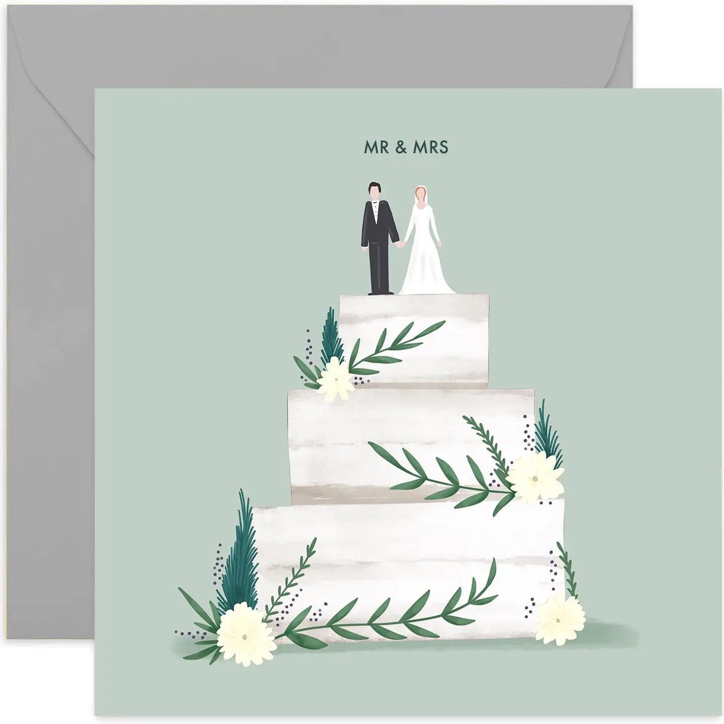 Mr & Mrs Wedding Celebration Card with wedding cake design printed in England.