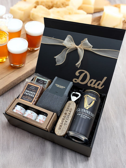 Dad gift box with craft beer, savoury crackers, and tasty chutneys