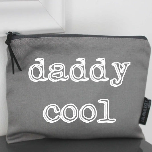 Grey "Daddy Cool" canvas zippered washbag pouch with contrasting zip and suede pull.