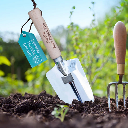 Dads Beer Break Bottle Opener Trowel, functional garden tool with opener.
