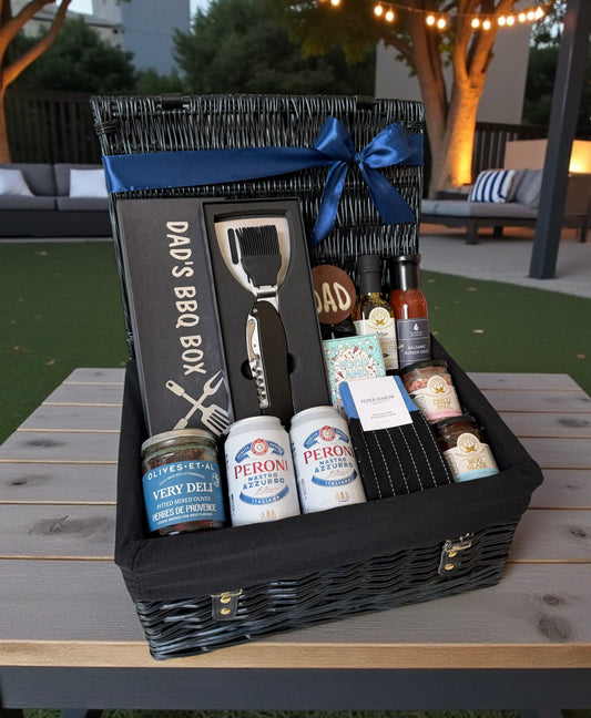 dads bbq grill gift hamper, fathers day gift with bbq tools, sauces, condiments and treats