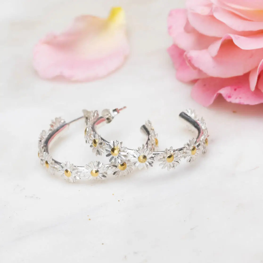 Daisy Hoop Earrings in Sterling Silver with 9ct Gold
