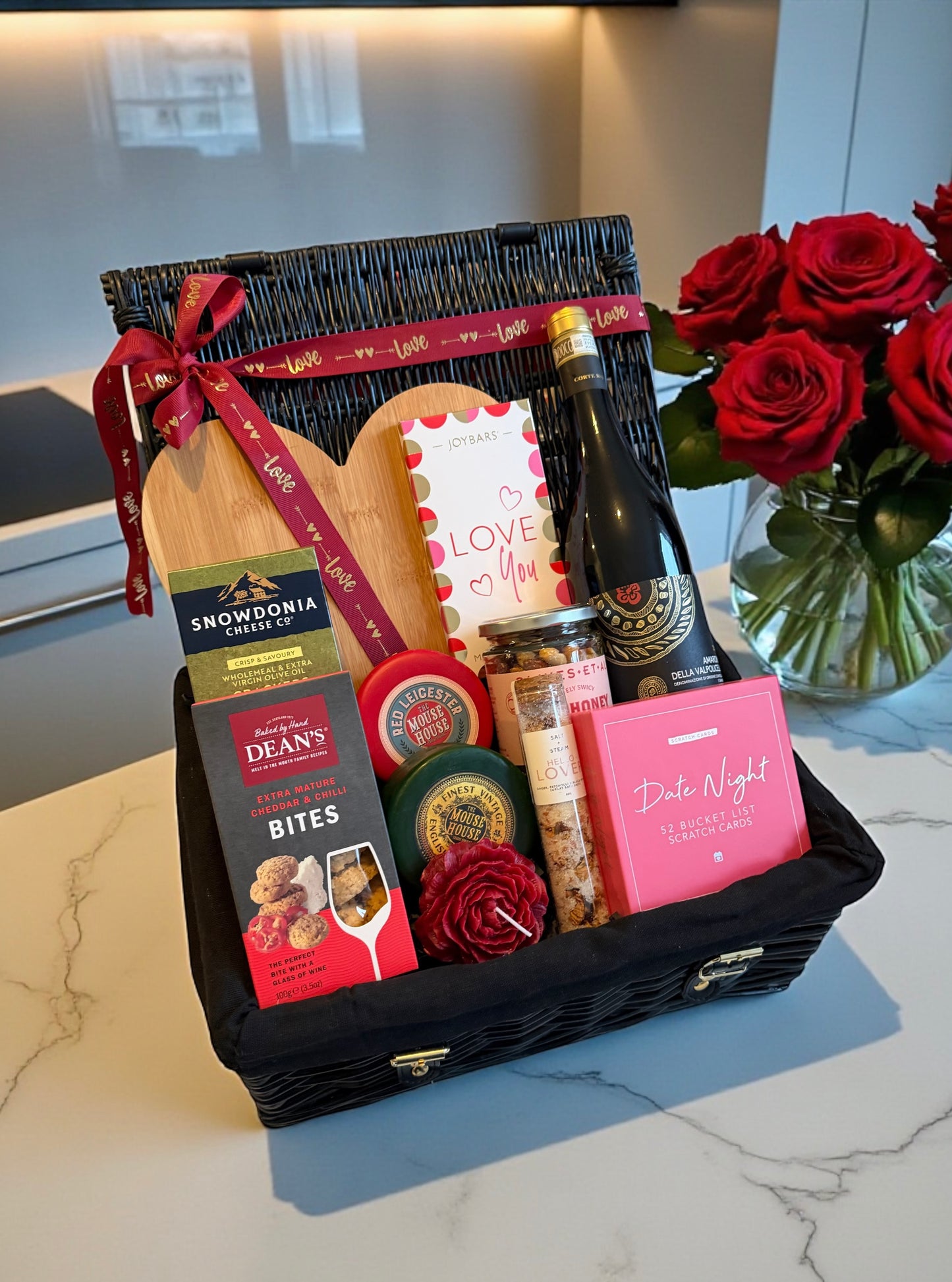 date night valentines day hamper with amarone red wine, cheese, gourmet snacks, serving board, date night cards and chocolate