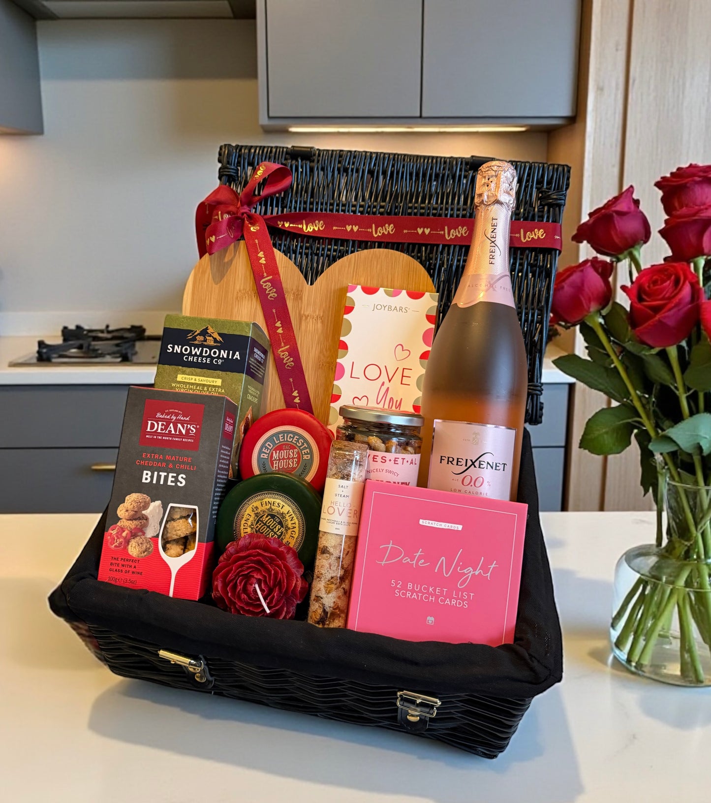 date night valentines day hamper with alcohol free 0% fizz, cheese, gourmet snacks, serving board, date night cards and chocolate