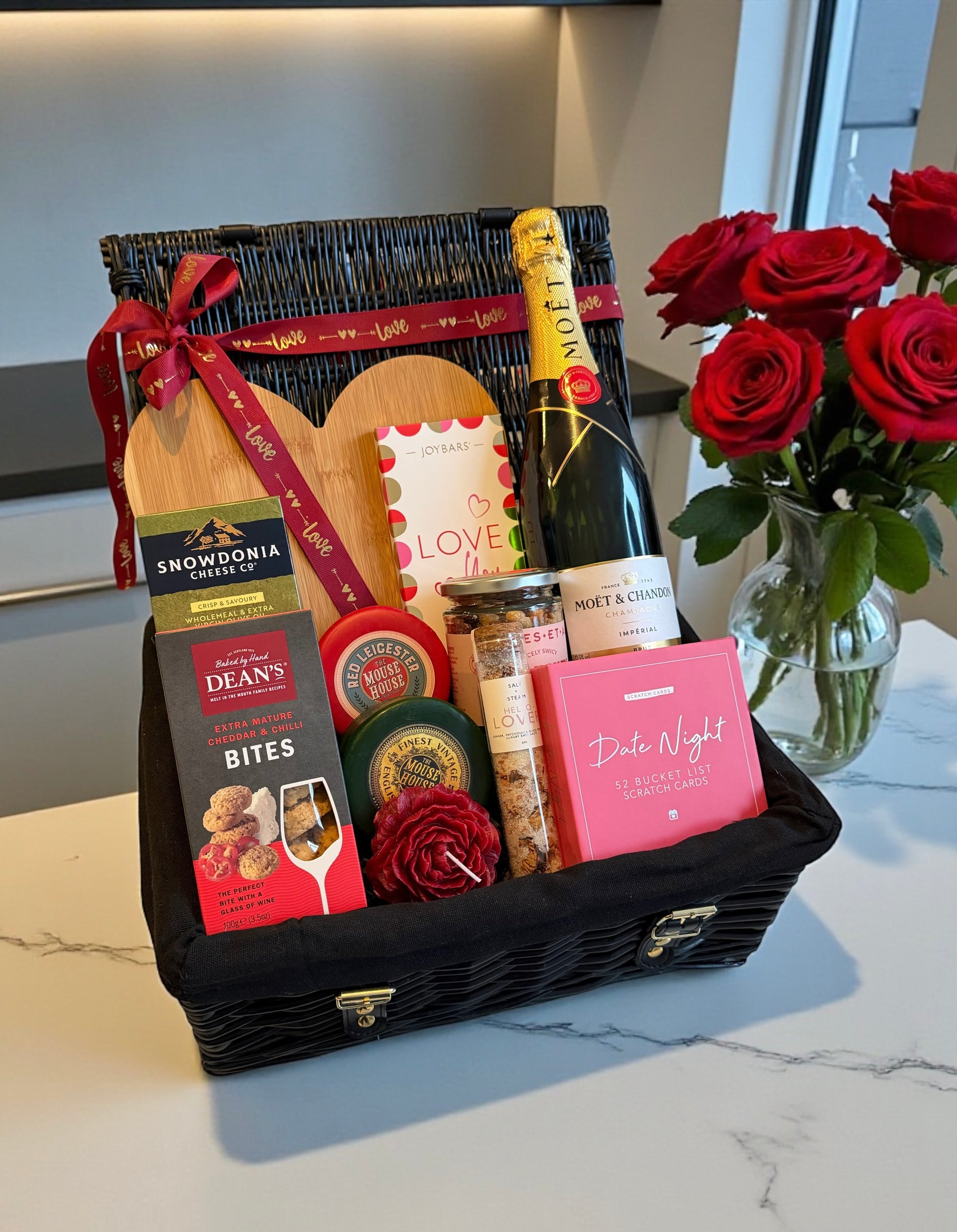 date night valentines day hamper with moet champagne, cheese, gourmet snacks, serving board, date night cards and chocolate