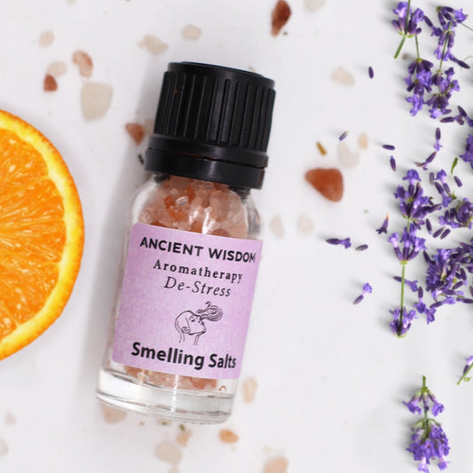 De-Stress Aromatherapy Smelling Salts with Frankincense, Melissa Blend, Lavender, and Orange on a base of Himalayan salt.