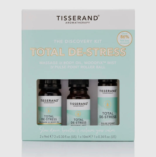 Total De-Stress Discovery Kit by Tisserand with three essential oil bottles for relaxation.