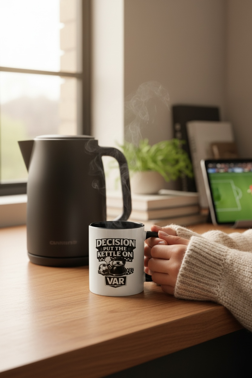 Person holding a mug with text next to a black kettle on a wooden surface.