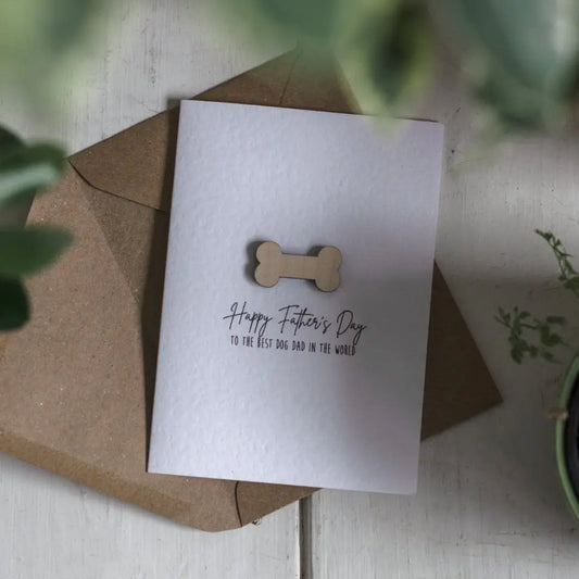 Luxury wooden dog Father's Day card with a bone design and heartfelt message.