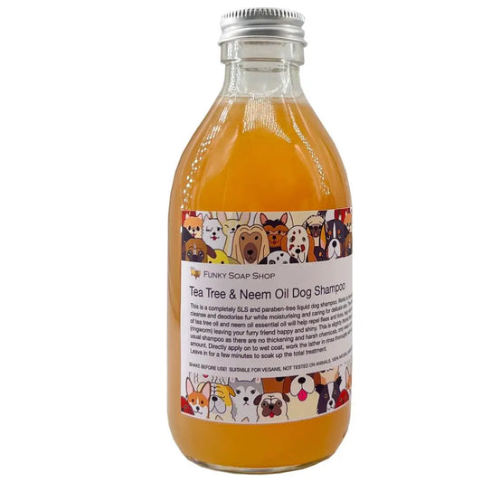 Dog Shampoo - Tea Tree & Neem Oil (250ml), SLS and paraben-free, repels fleas and ticks, promotes healthy coat.