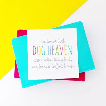 Dog Heaven Sympathy Card with colorful lettering on a bright background.