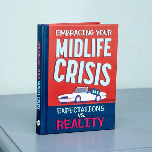 Book cover of "Embracing Your Midlife Crisis" with car illustration and "Expectations vs. Reality" text.