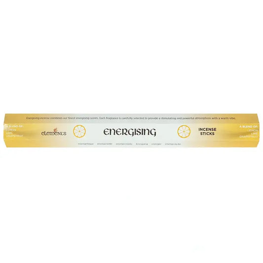Energising incense sticks with lemon, lime, and grapefruit aroma in yellow packaging.
