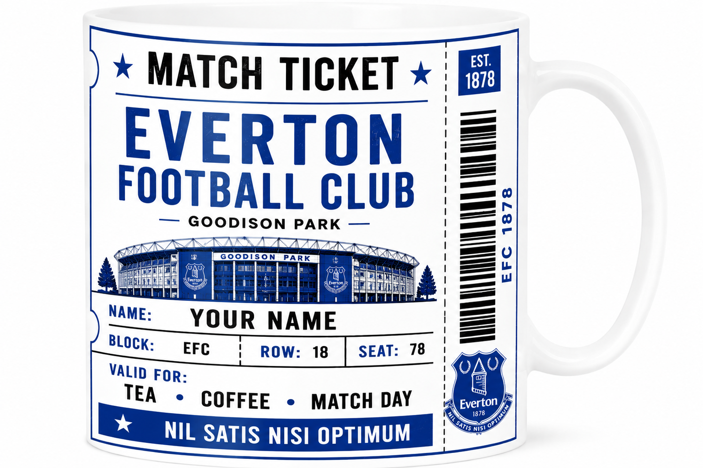 Mug with Everton Football Club design featuring a stadium illustration and text.