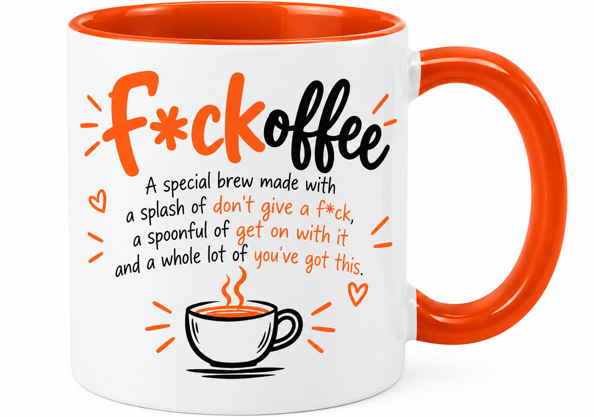 Orange and white F*ckoffee mug with funny motivational coffee quote.