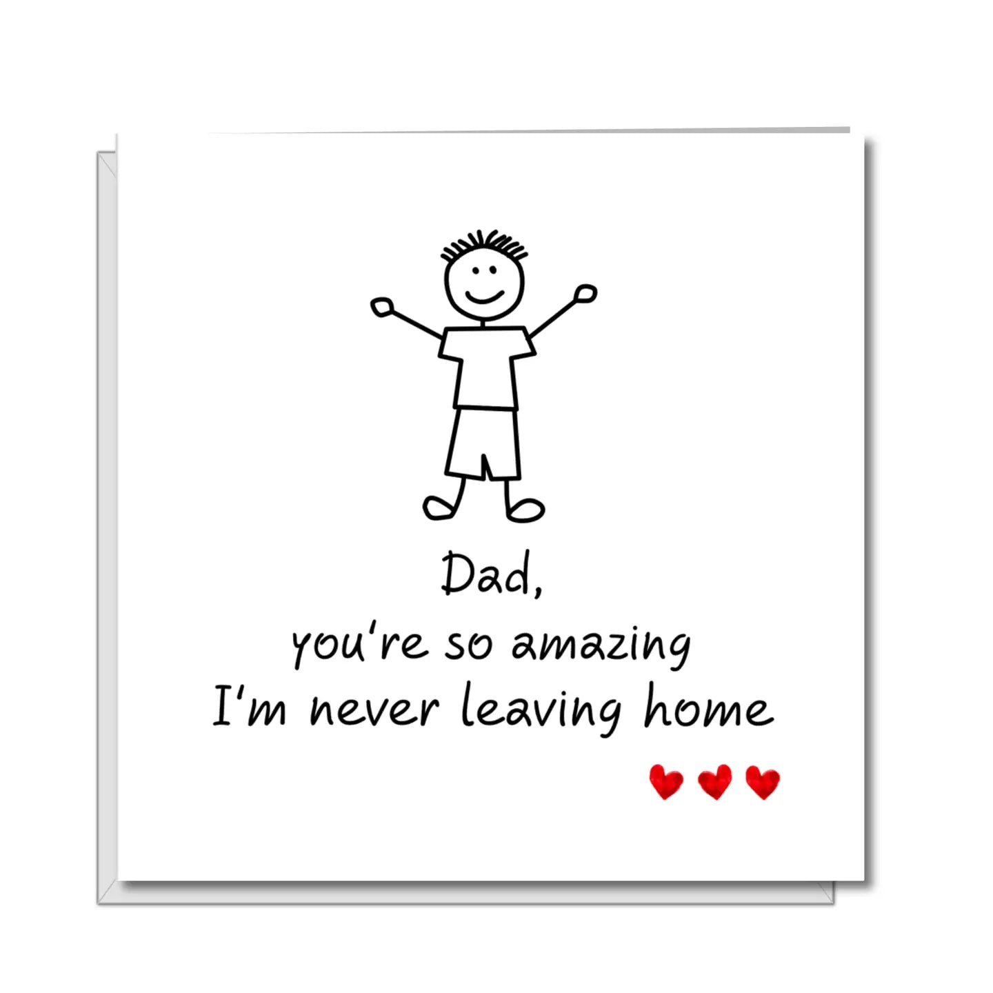 Funny Father's Day card featuring a stick figure drawing with a playful message for an amazing dad from his son.