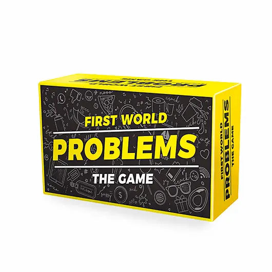 First World Problems card game box with yellow and black design.