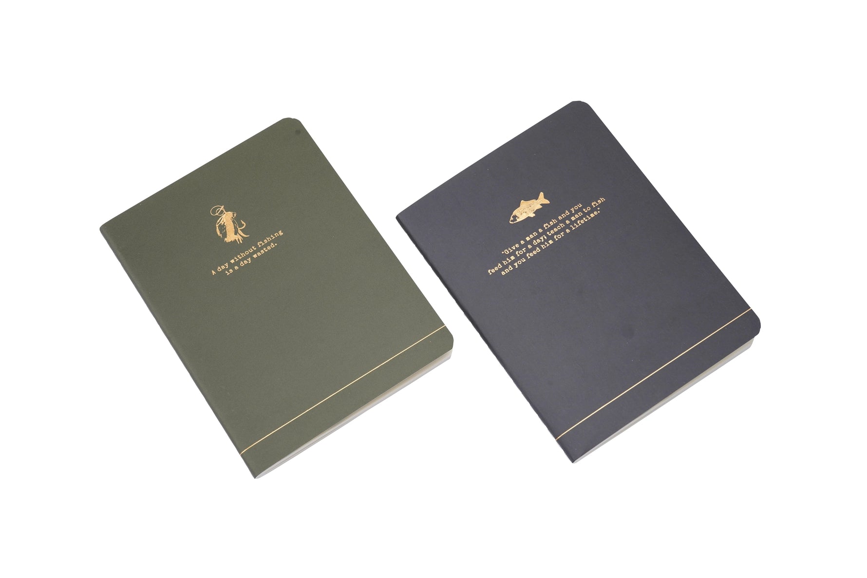 Set of two A6 fishing notebooks with fishing slogans, lined pages and illustrated angling designs.
