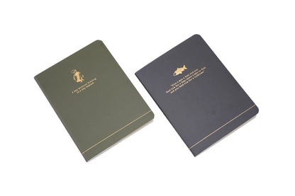Set of two A6 fishing notebooks with fishing slogans, lined pages and illustrated angling designs.