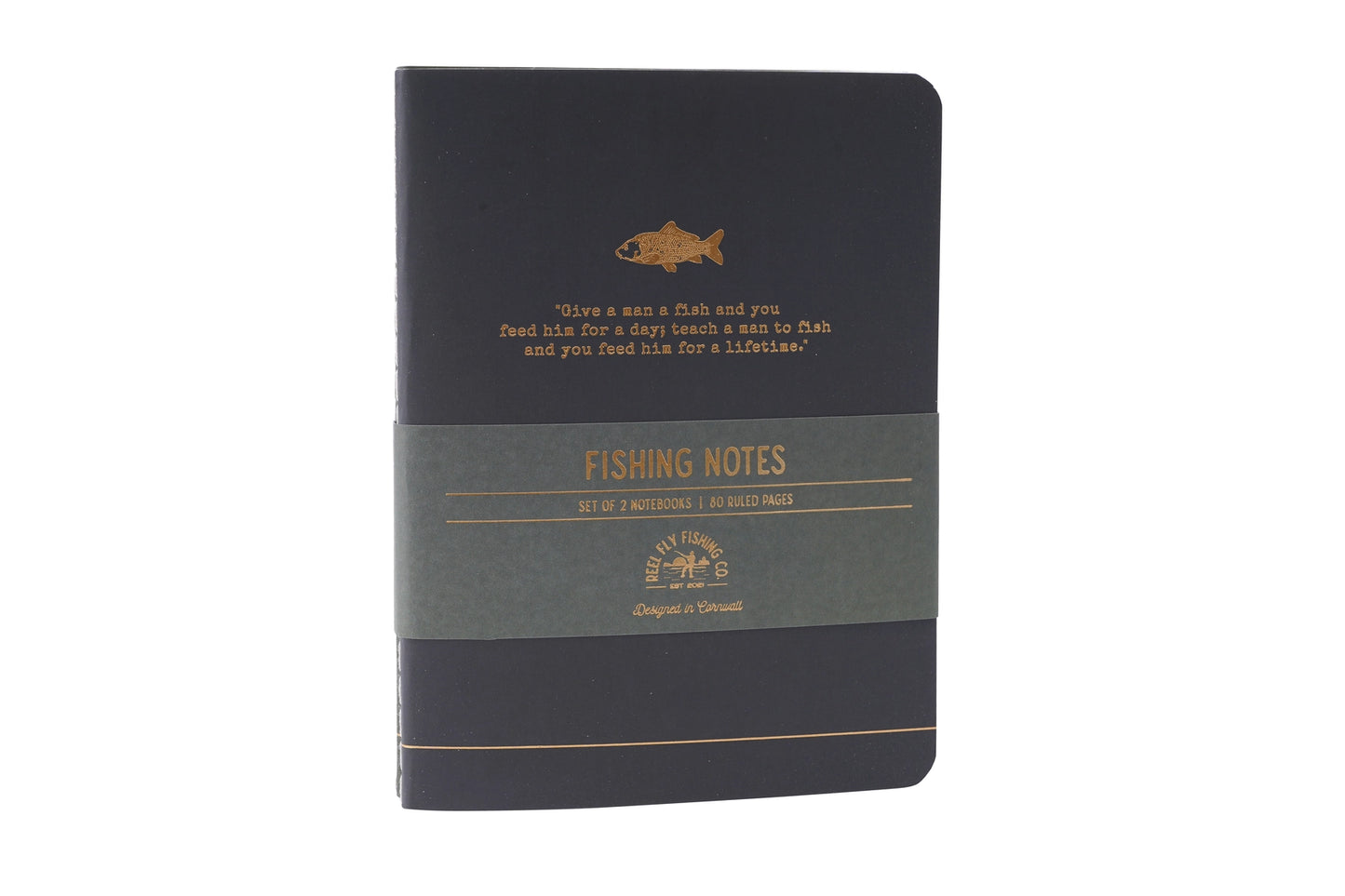 Set of two A6 fishing notebooks with fishing slogans, lined pages and illustrated angling designs.