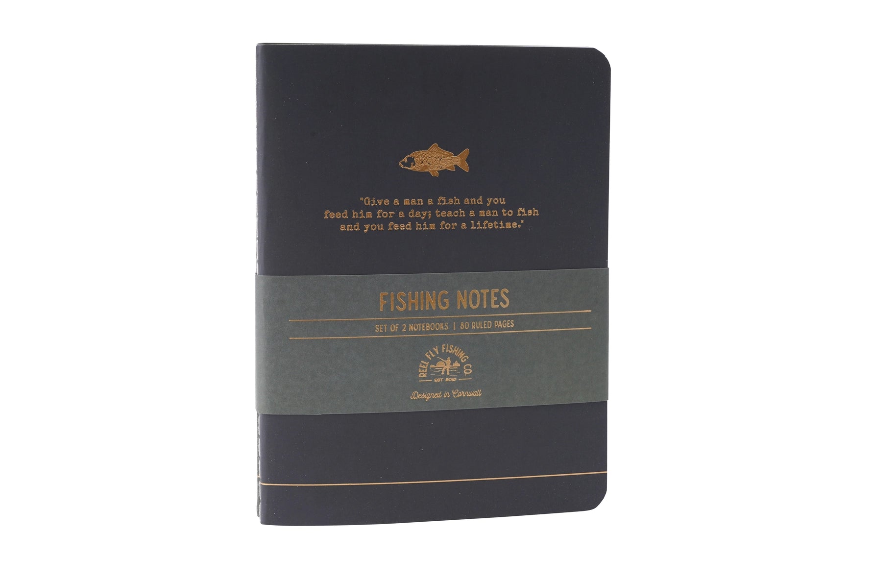 Set of two A6 fishing notebooks with fishing slogans, lined pages and illustrated angling designs.