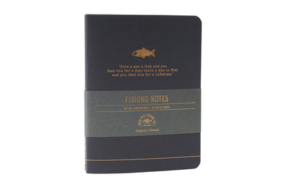 Set of two A6 fishing notebooks with fishing slogans, lined pages and illustrated angling designs.