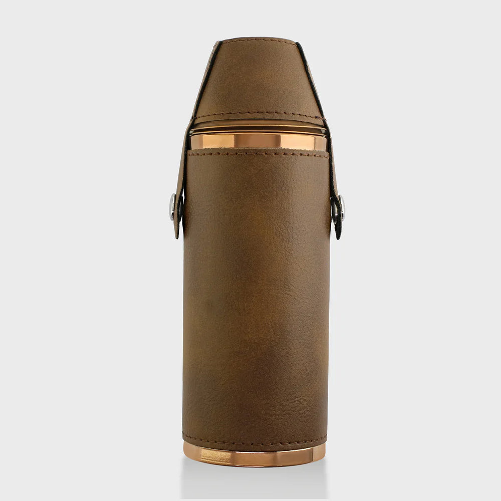Brown Faux Leather Flask with Copper Shot Cups