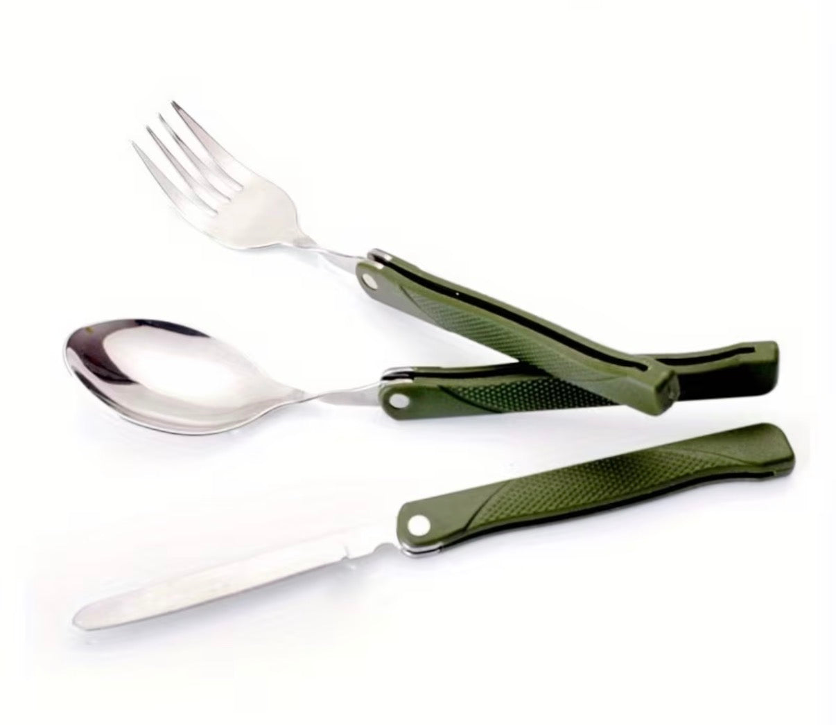 Set of silver cutlery with green handles on a white background