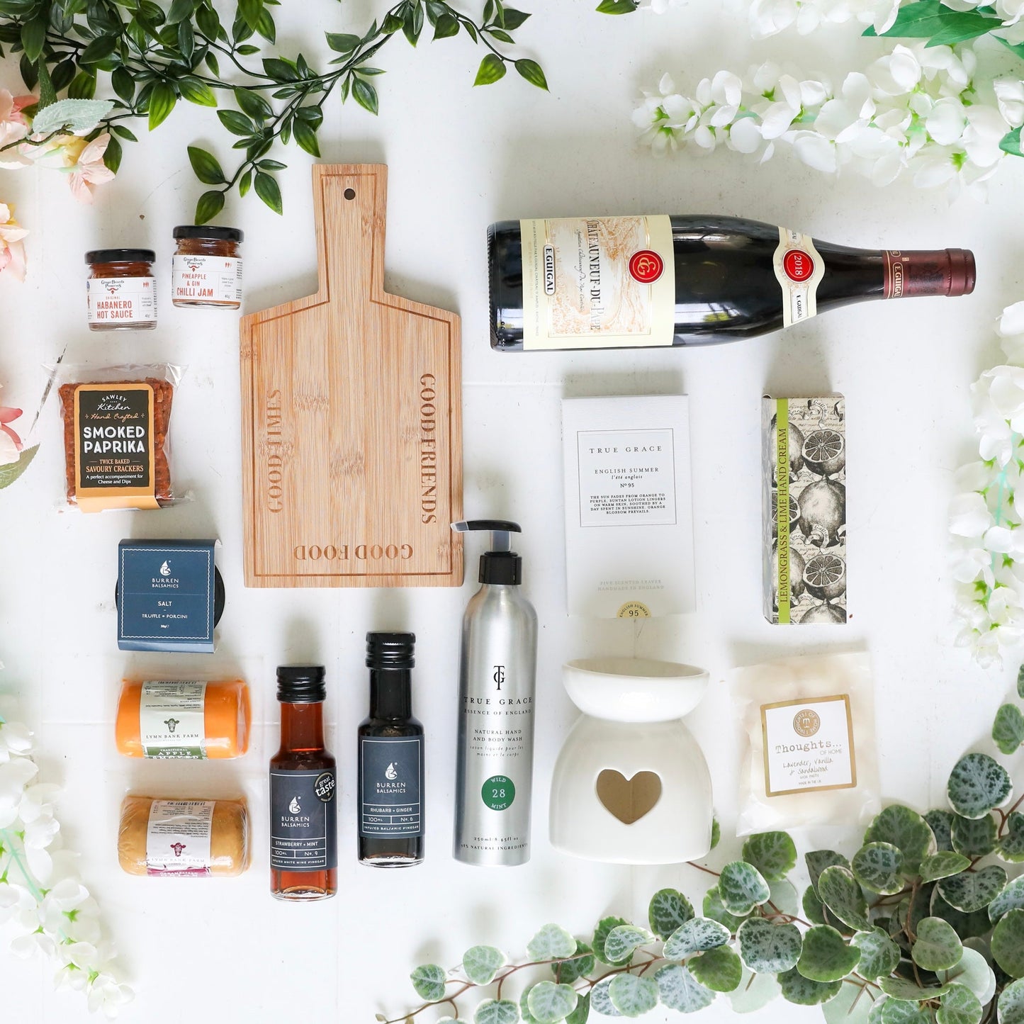 Work Anniversary Savoury gift set with wine, cutting board, condiments, and spices.