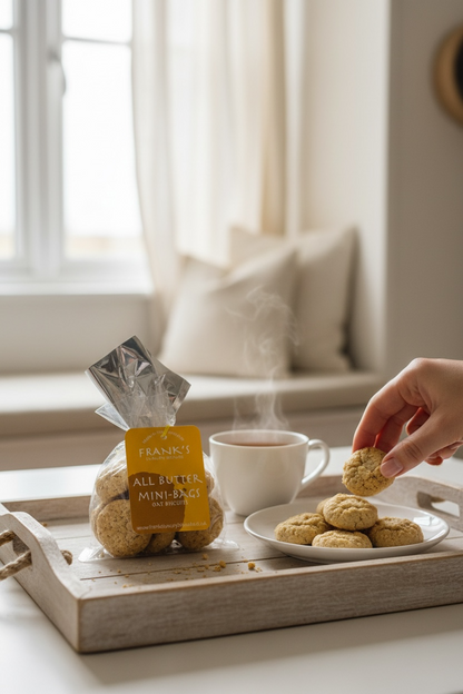 Person picking up a cookie from a plate on a wooden tray with a cup of tea and a package of cookies.