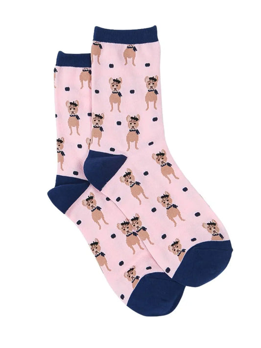 Pink women's bamboo socks with French Bulldog print, featuring navy accents.