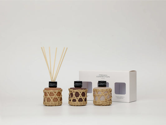 Diffuser set with wicker design and 'French Connection' branding on a white background